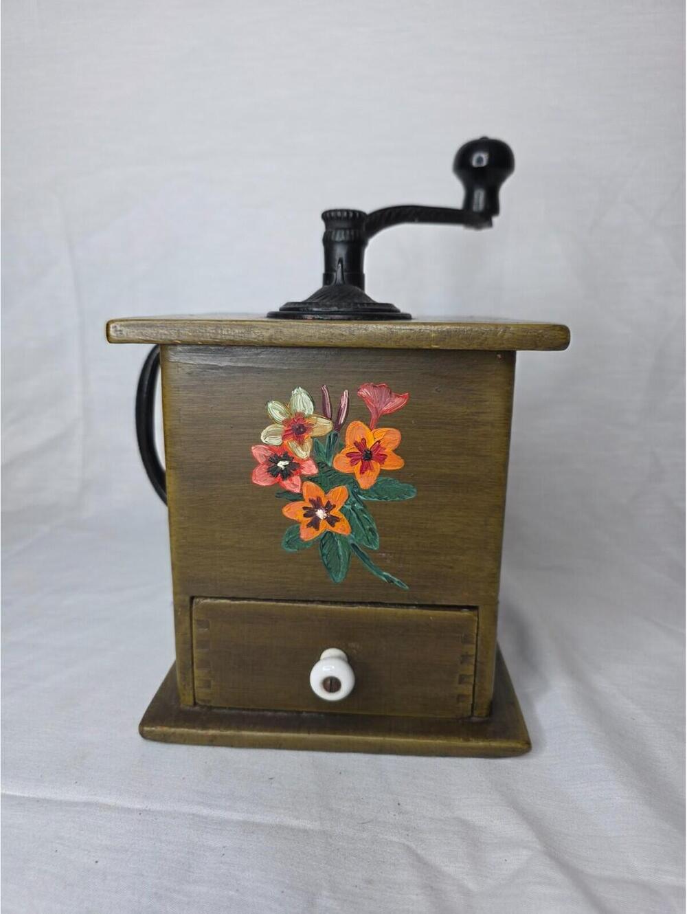 Vintage Wooden Hand- Crank Coffee Grinder or Mill w/Cast iron Knob & Handle